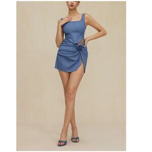 New MICAS Women's Mid Wash Blue 3D Flower Ruched Tank Denim Dress Size XL